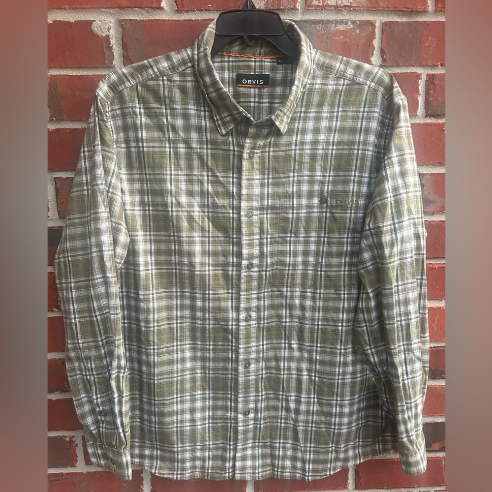 Orvis Men’s Long Sleeve Button Down XL Green Plaid Work Fly Fishing Shirt M1